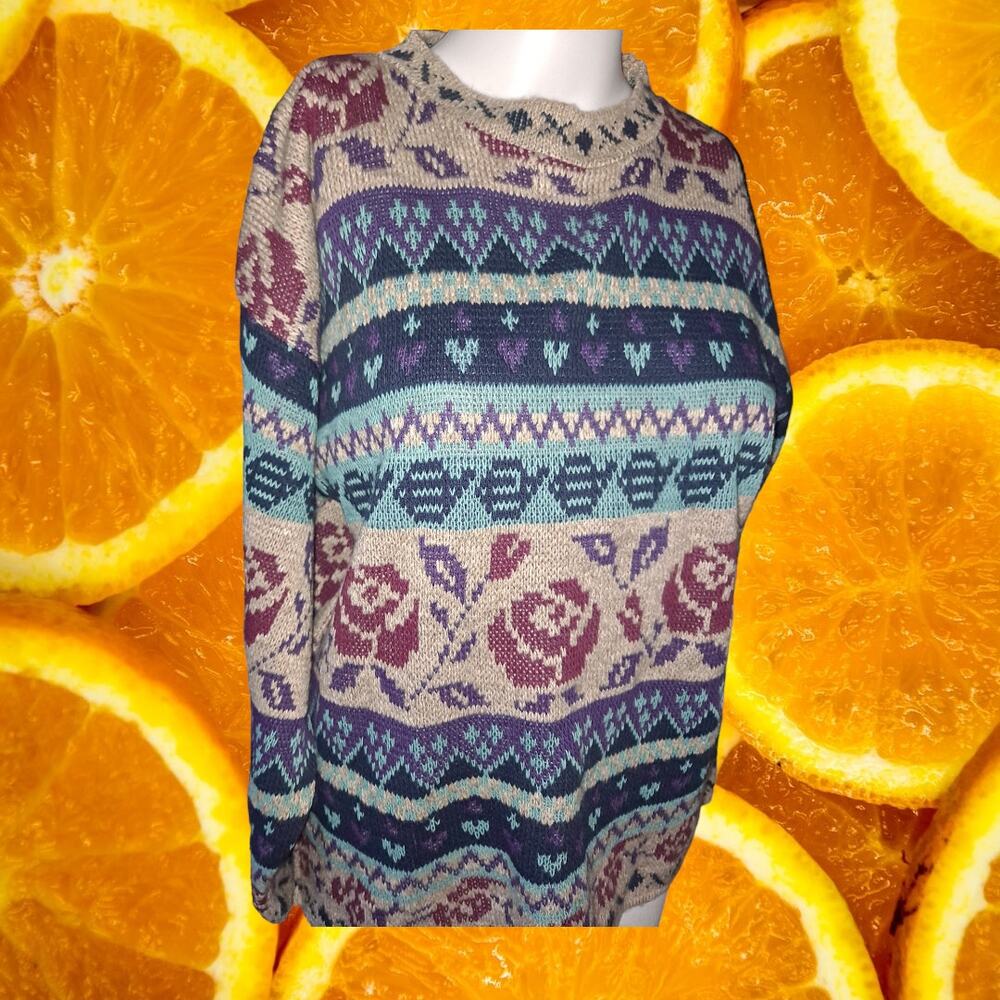 Vintage Medallion Colorful Knit Sweater with Rose Pattern‎